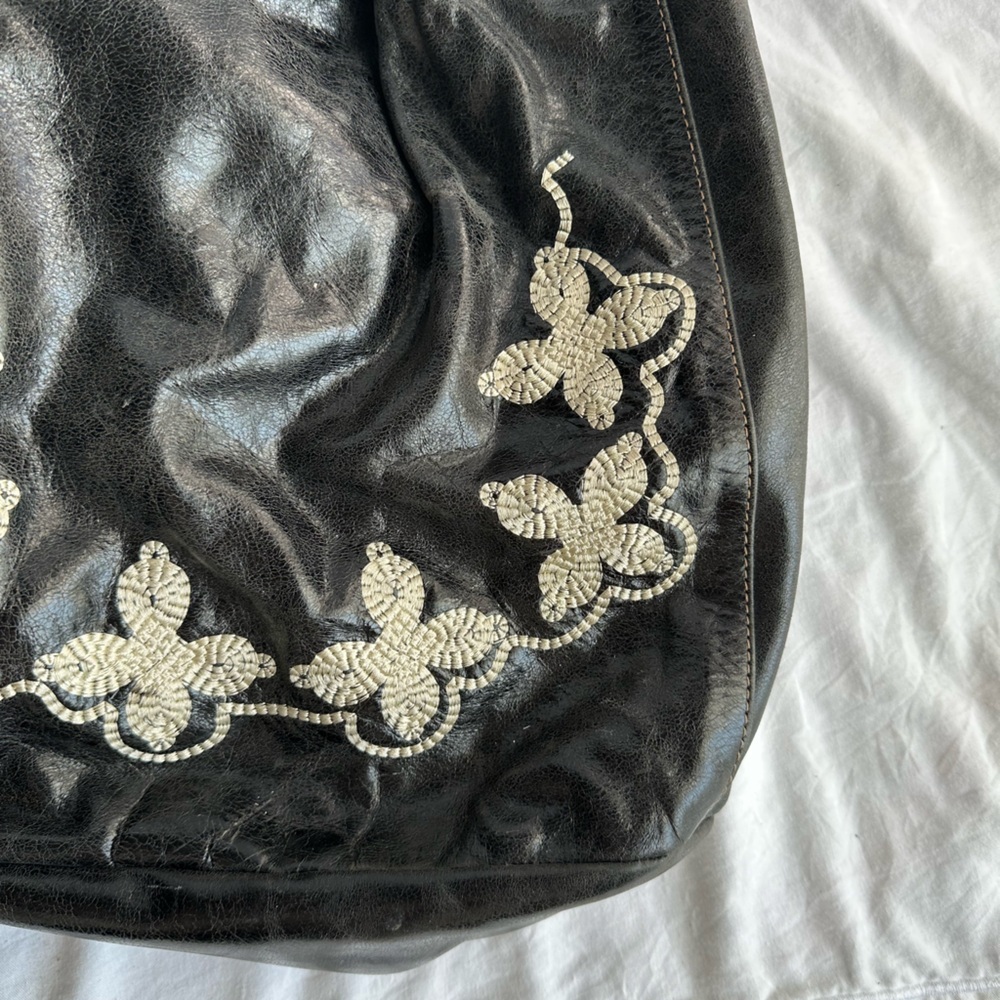 PRÜNE Black Leather Drawstring Backpack with Silver Floral Embroidery OS - Picture 5 of 7
